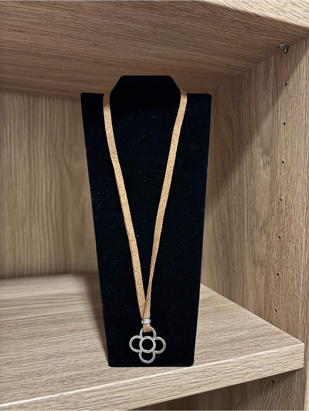 Tan Suede Cord Necklace with Silver Clover Pendant